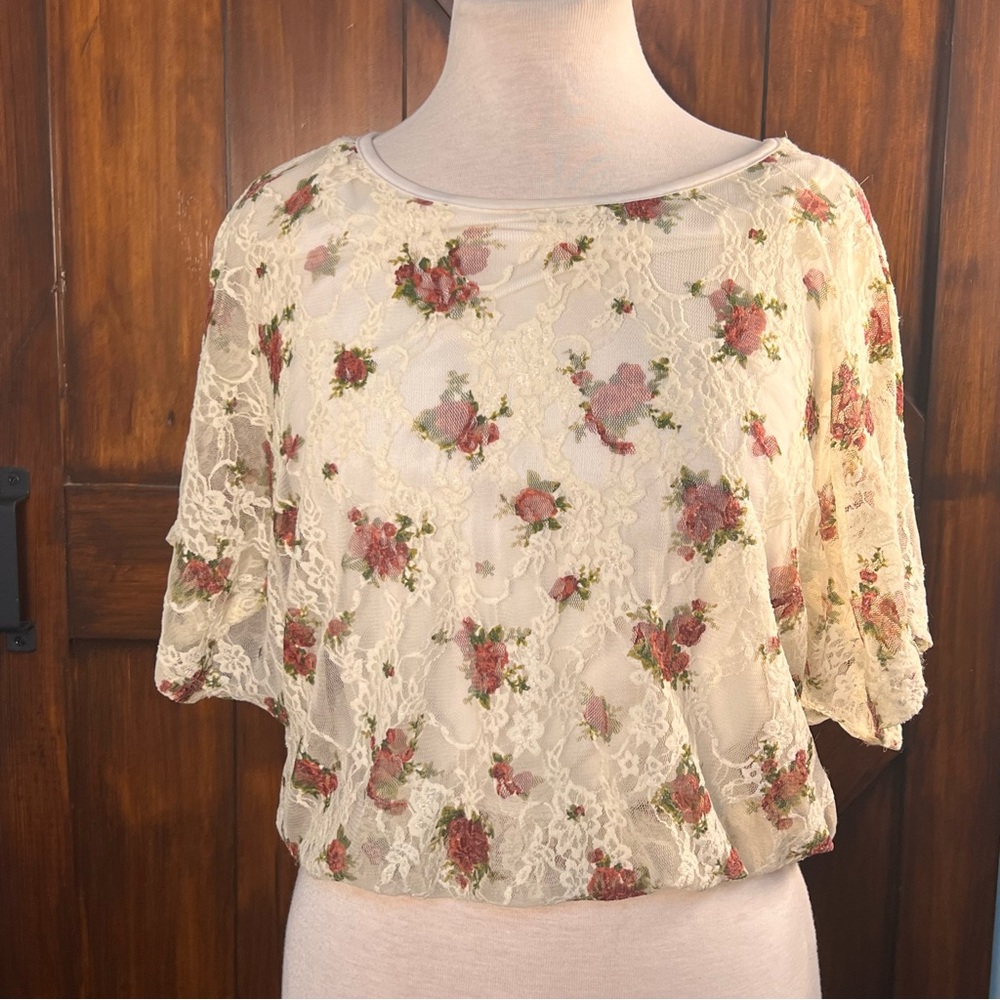 Motive Floral Lace Women M Drop‎ Sleeve Bohemian Blouse Top